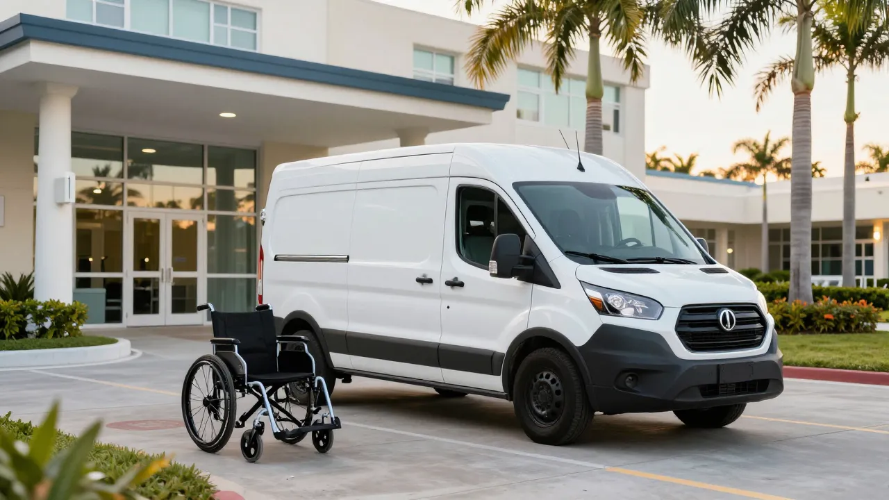 AcuityStat medical transport van at a hospital entrance